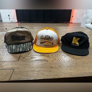 Vintage Trucker SnapBack Hat Bundle 3 Hats-Cabela’s, Meek’s Camo, Killian 80’s